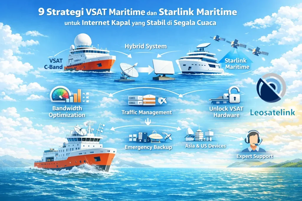 Instalasi Jaringan VSAT Gyro dan Starlink dalam Industri Marine untuk koneksi internet laut